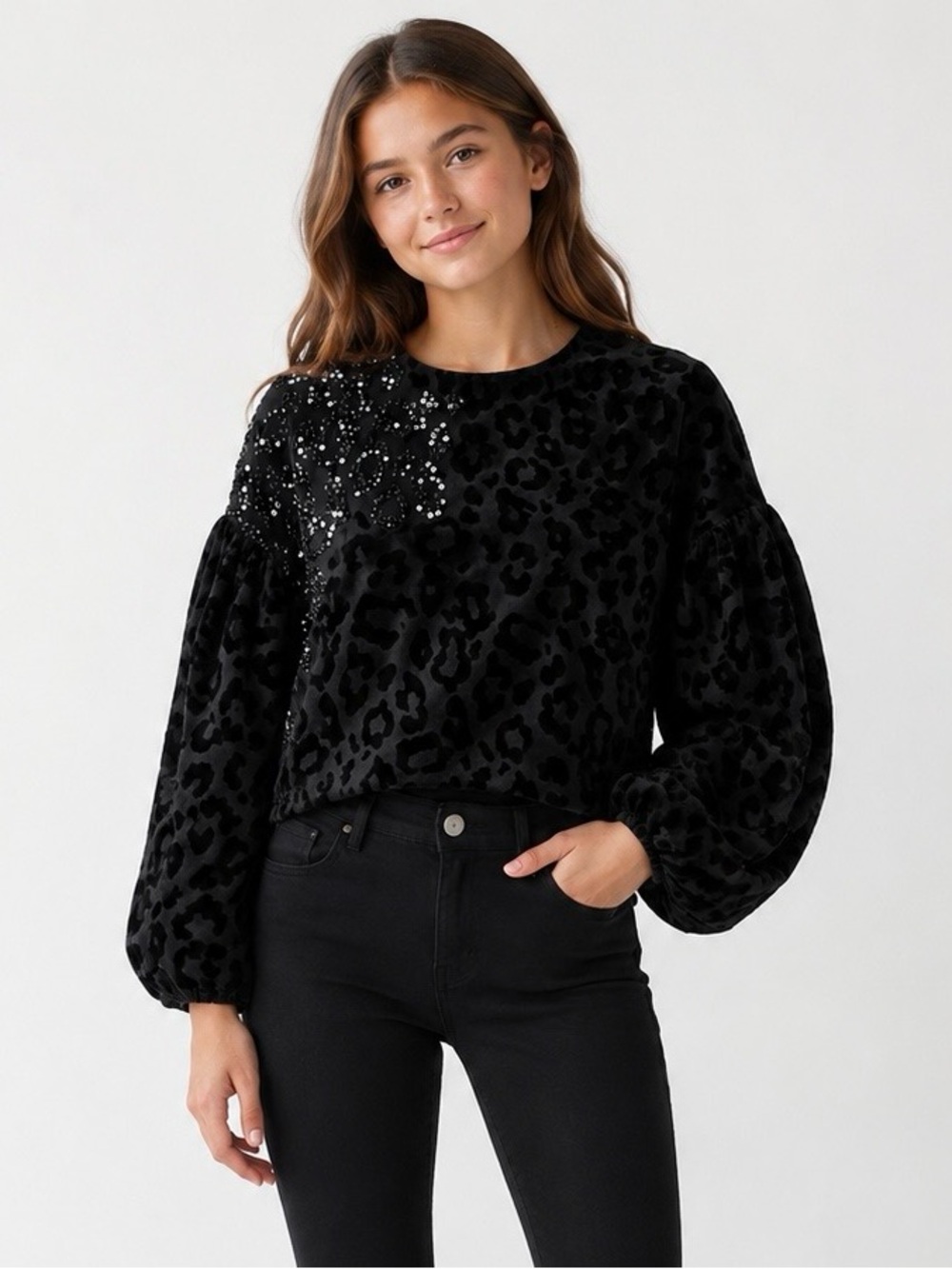 TOPSHOP Black Sequin Leopard Print Cropped Sweater Blouse Top Size 6
